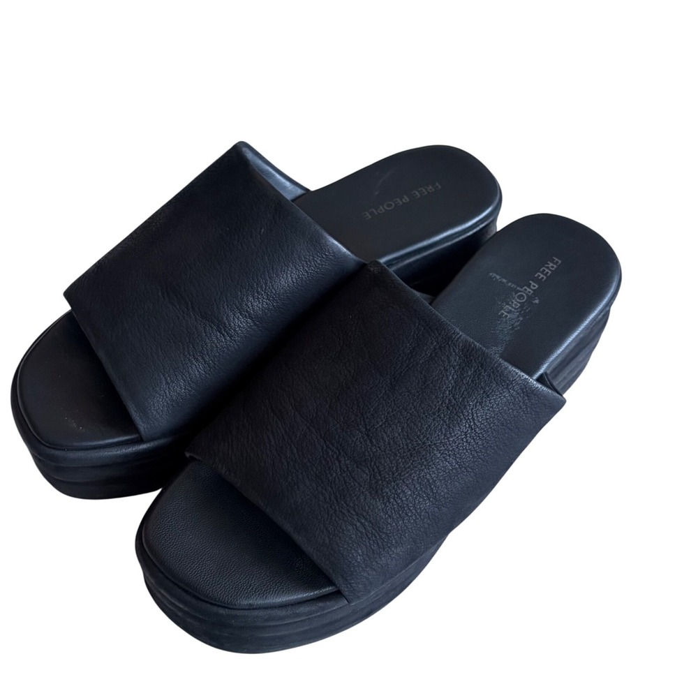 Free People Harbor Platform Slide Sandals Black Leather Chunky Flatform 36.5 6.5